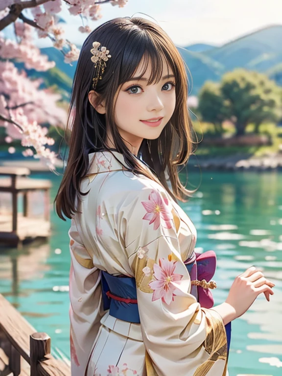 Asuna, masterpiece, Highest quality, detailed, (One girl), alone, detailed golden eyes, Long Hair, Are standing, Close to the audience, (detailed kimono), A light smile, Medium chest,  (Put your arms behind your back), water, sunset, (hair ornaments), (Cherry blossoms bloom),  Lake with snowy mountains in the background