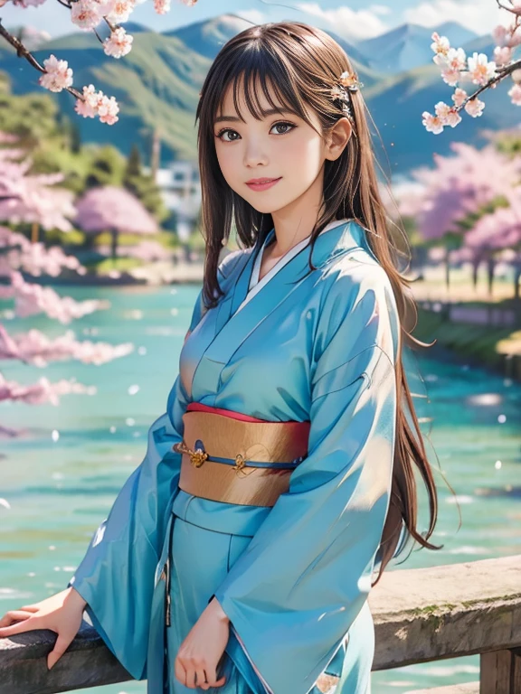 Asuna, masterpiece, Highest quality, detailed, (One girl), alone, detailed golden eyes, Long Hair, Are standing, Close to the audience, (detailed kimono), A light smile, Medium chest,  (Put your arms behind your back), water, sunset, (hair ornaments), (Cherry blossoms bloom),  Lake with snowy mountains in the background