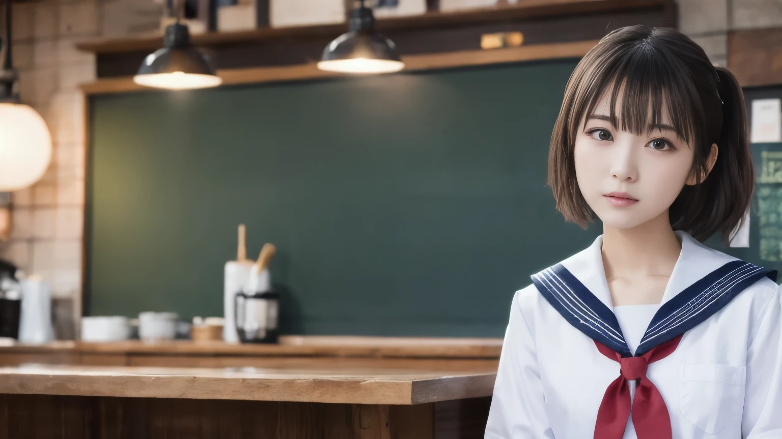 One Girl, (Highest quality:1.4), (Very detailed), (Very detailed美しい顔), 爽やかな日本のSailor suit, Great face and eyes, iris,Medium Hair, Black Hair, (Sailor suit, school uniform:1.2), (Inside the cafe), Smooth, Very detailed CG 統合 8k 壁紙, High-resolution RAW color photos, Professional photography, Light, BackLight, dream-like, impressive, Written boundary depth, Inside the cafeで撮影