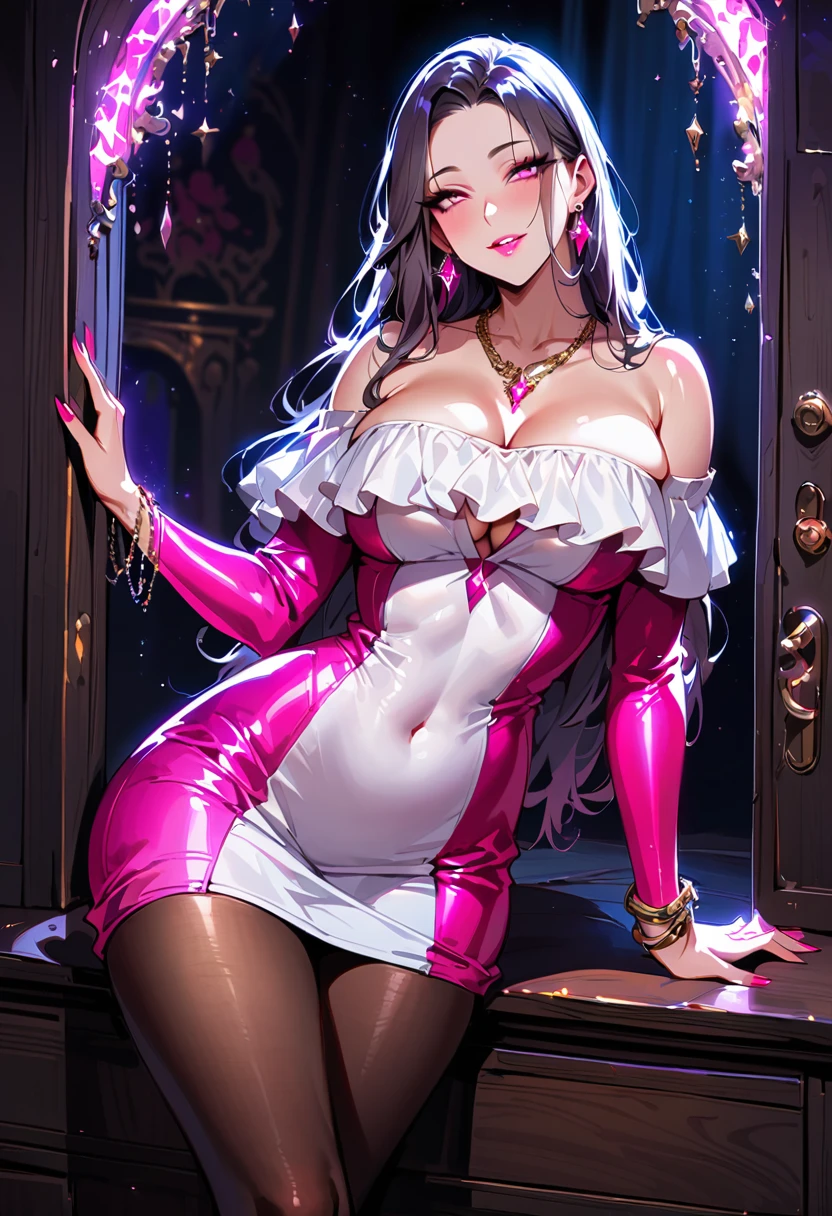 1 mature beautiful woman,(Highest quality,Extremely detailed depiction,Incredibly absurd high resolution,Anatomically accurate depiction,Curvy Legs),(Glowing Skin,Shiny skin),(A seductive former hostess),(Light colored off-shoulder tight sweater dress,Black Pantyhose),eyelash,(Pink Eyes,Half-closed eyes:1.5,Crazy Eyes,There is cleavage in the chest,A seductive smile,Glossy Lips,Flashy makeup,eye shadow,eyeliner,mascara,Seductive gestures),whole body,background:Inside the room,