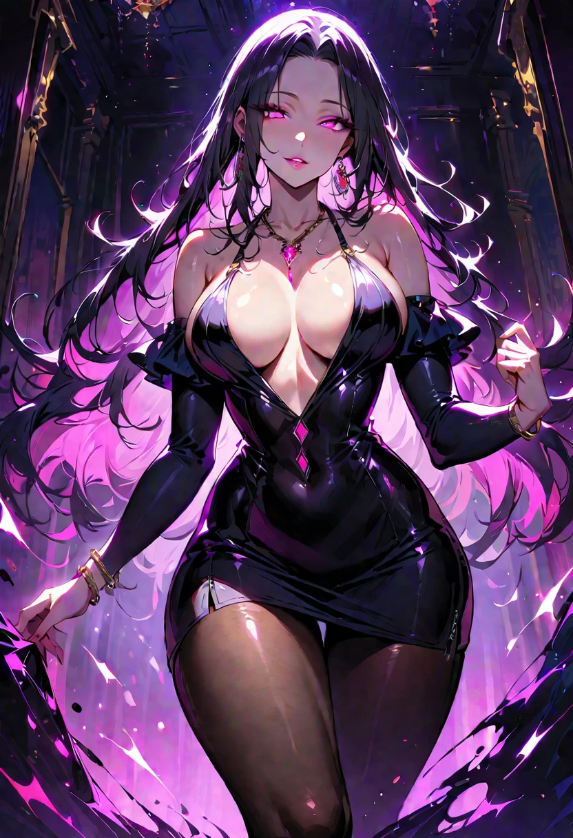 1 mature beautiful woman,(Highest quality,Extremely detailed depiction,Incredibly absurd high resolution,Anatomically accurate depiction,Curvy Legs),(Glowing Skin,Shiny skin),(A seductive former hostess),(Light colored off-shoulder tight sweater dress,Black Pantyhose),eyelash,(Pink Eyes,Half-closed eyes:1.5,Crazy Eyes,There is cleavage in the chest,A seductive smile,Glossy Lips,Flashy makeup,eye shadow,eyeliner,mascara,Seductive gestures),whole body,background:Inside the room,