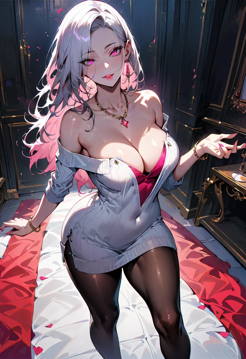 1 mature beautiful woman,(Highest quality,Extremely detailed depiction,Incredibly absurd high resolution,Anatomically accurate depiction,Curvy Legs),(Glowing Skin,Shiny skin),(A seductive former hostess),(Light colored off-shoulder tight sweater dress,Black Pantyhose),eyelash,(Pink Eyes,Half-closed eyes:1.5,Crazy Eyes,There is cleavage in the chest,A seductive smile,Glossy Lips,Flashy makeup,eye shadow,eyeliner,mascara,Seductive gestures),whole body,background:Inside the room,