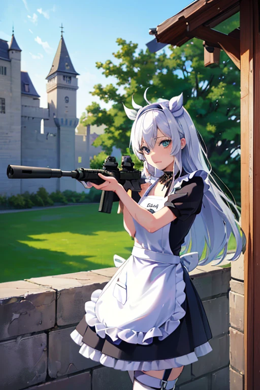 ((Highest quality:1.6)), ((detailed:1.4)), (Ultra-high resolution:1.6), (detailed:1.6), (Perfect Face:1.4), (beautiful:1.4), (detailedな目:1.4), (Perfect Eyes:1.4), (detailedなイラスト:1.6), (Ultra-high resolution:1.6), (girl, A very concentrated face, cute, Blonde, Small breasts), (Black and white maid outfit, Headband, Light blue ribbon, White apron, Gothic maid outfit, Long:1.1), (Above the Battlements, On the wall, Low wall, Shelter, Castle:1.4), (Sniper with Barrett M82 rifle:1.6), Holding a Barrett M82 rifle, (Castle Defense, Gunfight, Looking through the scope, Sniper from the top of the castle, Side angle:1.4), (Hold a sniper rifle with both hands:1.4), (Covered in soot:1.4), (Covered in Ash:1.4), (Dirty clothes:1.4), (dirty apron:1.4), Scorched Battlefield, explosion, bombing,