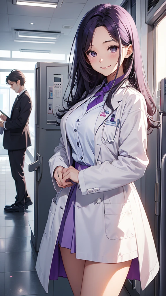 Gal、He is smiling with his mouth wide open.、hospital、Female doctor、Wearing a white coat、Crossing your legs、Her hair is purple、Large Breastini skirt、Around 25 years old、Anime style illustrations