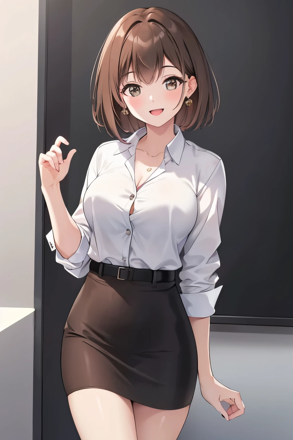 ((4K, 8k, Highest quality, Perfect Fingers, High resolution)), One pretty woman, Laughter, smile, Beautiful woman, Straight hair, Brown Hair, short hair, Woman in a grey shirt, Woman in a business suit, mini skirt, Businesswoman