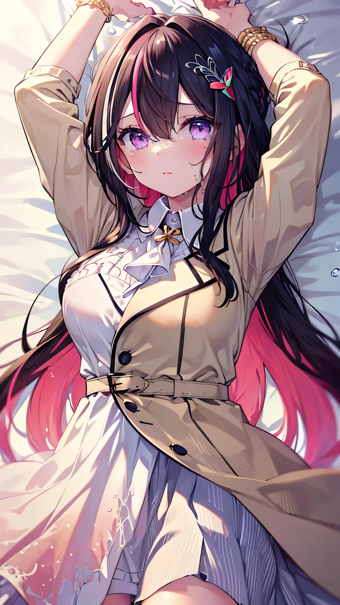 (best quality:1.2), (ultra detailed:1.2),(masterpiece:1.2),(8k:1.2),(azki_(hololive), 1girl, 独奏, multicolored hair, pink hair, purple eyes, black hair, dress, hair between eyes, white dress, brown dress, brown jacket, jewelry, long sleeves, x hair ornament, bangs, bracelet, very long hair, streaked hair, hairclip, large breasts),(Blessed,Captivating body、Ultra detailed hands、Ultra-detailed eyes、Ultra-detailed skin、ultra-detailed face,Detailed Background),One Girl、(bedroom,lie down, watery eyes ,arms up:1.5),(Embarrassing:1.5)