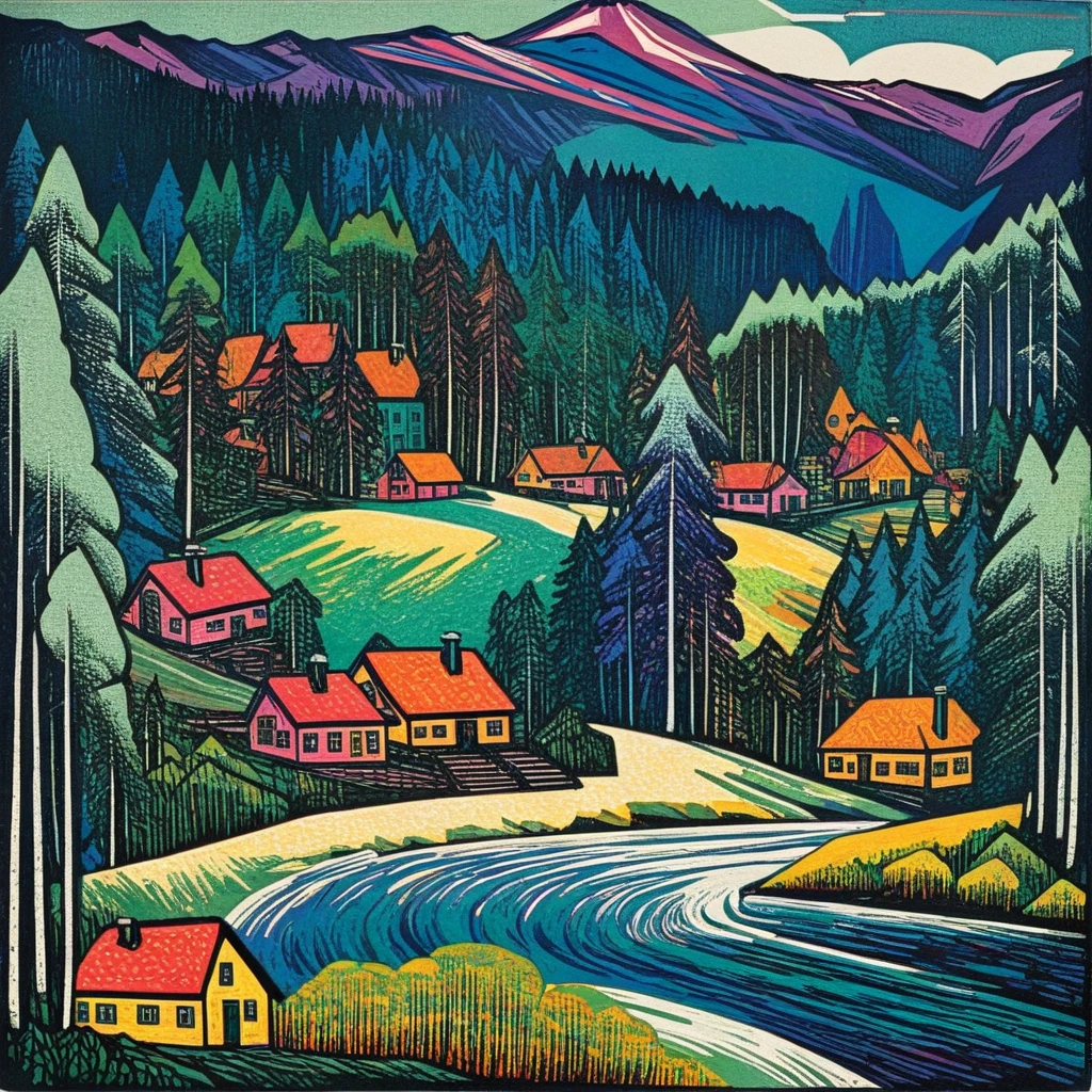 childish,  colorful. woodcut, , espressionism, , mountain and forest landscape, houses