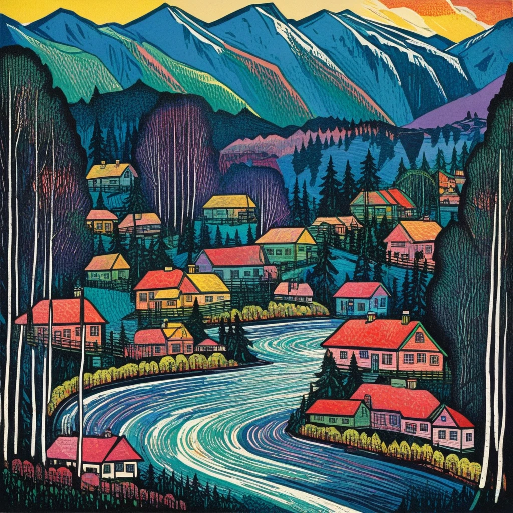 childish,  colorful. woodcut, , espressionism, , mountain and forest landscape, houses