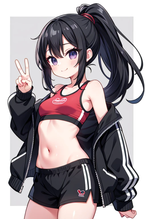 girl、Small breasts、Black Hair、Iris、ponytail、Red sports bra、belly button、Black shorts、Wear a black jacket、smile、peace sign、Gym