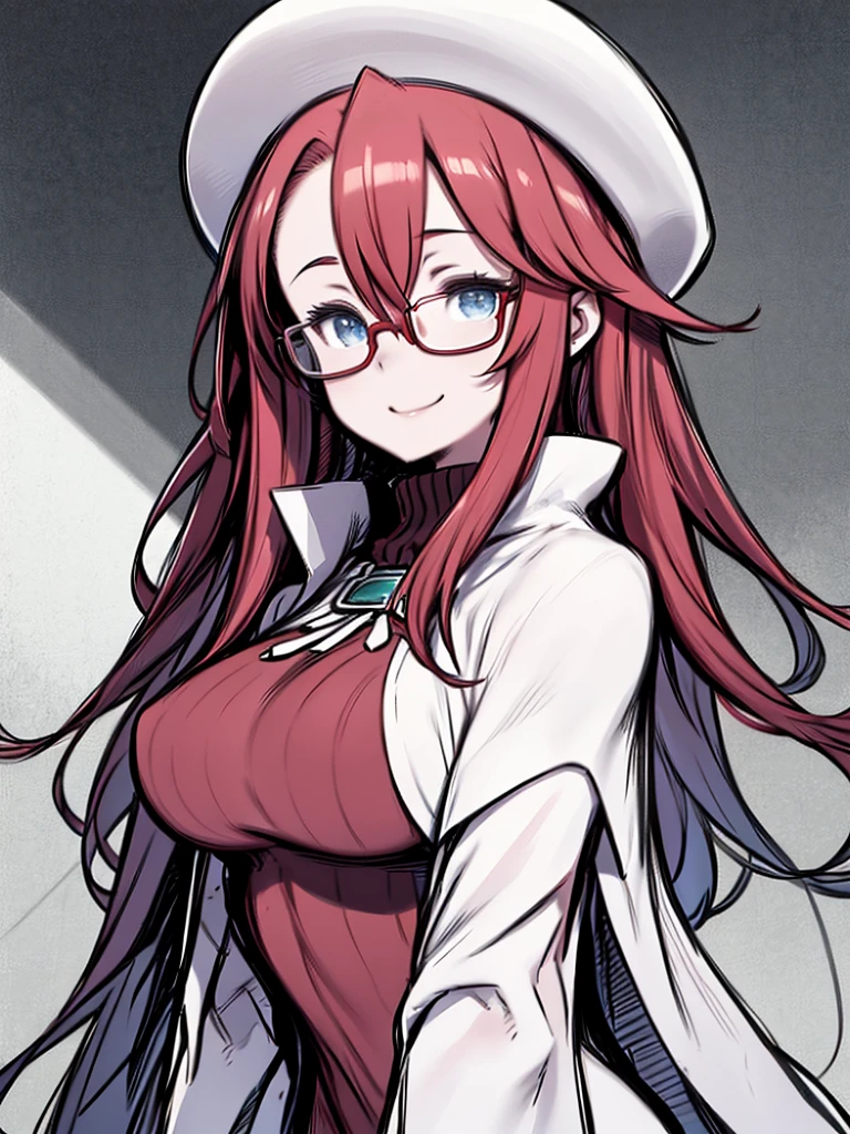 High Contrast, One Girl, sketch, Monochrome, Clean line art for coloring books、Red color hair、long hair、Hair between the eyes、Blue Eyes、Big Breasts、Huge breasts、Are standing、Upper Body、Red turtleneck sweater、Cape、Glasses、beret、Smiling、Angle from the front、Front view、Hands behind the back、