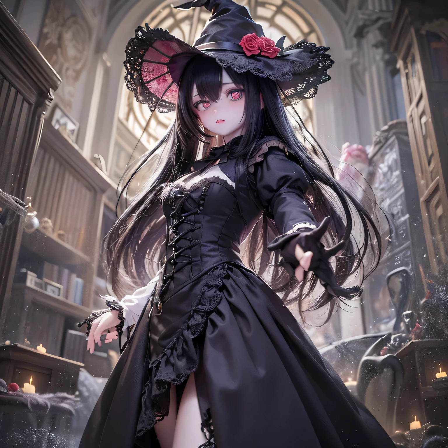 (Highest quality,4K,8k,High resolution,masterpiece:1.2),beautiful detailed eye,length eyelashes,Beautiful lip detail,extremely detailed eye and face,(Vibrant colors,colorful,Contrast enhancement:1.1),dark atmosphere,spooky ambiance,Gothic style,Satanic in front,Devilish charm,(Fine art,shape:1.1),Digital Painting,dark fantasy theme,dramatic lighting,Ghostlyly beautiful,detailedなテクスチャ, (Horror, dark, Bad luckな) girl, (Gothic, Victorian) fashion, (mysterious, charmな) vision, (pale, porcelain) skin, (length, Flowing) Black Hair, (elegant, Complex) Lace dress, (Bad luck, spooky) Shadow, (spooky, Otherworldly) background, (Illuminated by the moonlight, Haunted) garden, (Bad luckな, charmed〜Three Witch Sisters) forest, (elegant, charmな) Temporarily stop, (dark, mysterious) aura, (mysterious, Supernatural) Powers, (Forbidden, mysterious) mode, (charmed〜Three Witch Sisters, cursed) relic, (Twisted, bent) reality, (charmな, Ghostly) smile, (cold, bone-cold) silence, (elegant, Gothic) architecture, (Bad luckな, hypnotism) eye, (intense, dark) emotion, (Powerful, order) in front, (Bad luck, Bad luckな) atmosphere, (spookyな, spookyな) detailed, (charmな, charm) performance, (Satanic, Ghostlyly beautiful) shape, (elegant, spooky) composition, (Surreal, dream-like) scenery, (strict, Bad luckな) cloud, (magic, mysterious) element, (charmed〜Three Witch Sisters, Ghostly) aura, (Shadowのある, mysterious) shapes, (Haunted, Abandoned) Apartment, (Bad luckな, malicious) 意shape, (Supernatural, Otherworldly) energy, (Ghostly, cold) whisper, (elegant, dramatic) Temporarily stops, (mysterious, mysterious) beauty, (Devilish, charmな) eye, (intense, Powerful) vision.Open your arms、(((Powerfulなmagicを撃つ)))