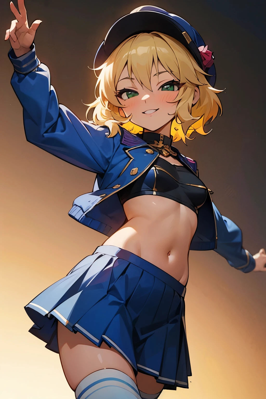 masterpiece,best quality, ultra-detailed,1girl(sakurai momoka, lovely small breasts, glow skin, short hair, blonde hair,green eyes),smile, glow lips, nose blush, blush, facing viewer, looking at viewer, solo, blue jacket, underboob , breasts , navel, blue pleats skirt, ultra mini skirt, baseball cap, white  thighhighs, field, standing, Sexy waist teasing, spread arms 