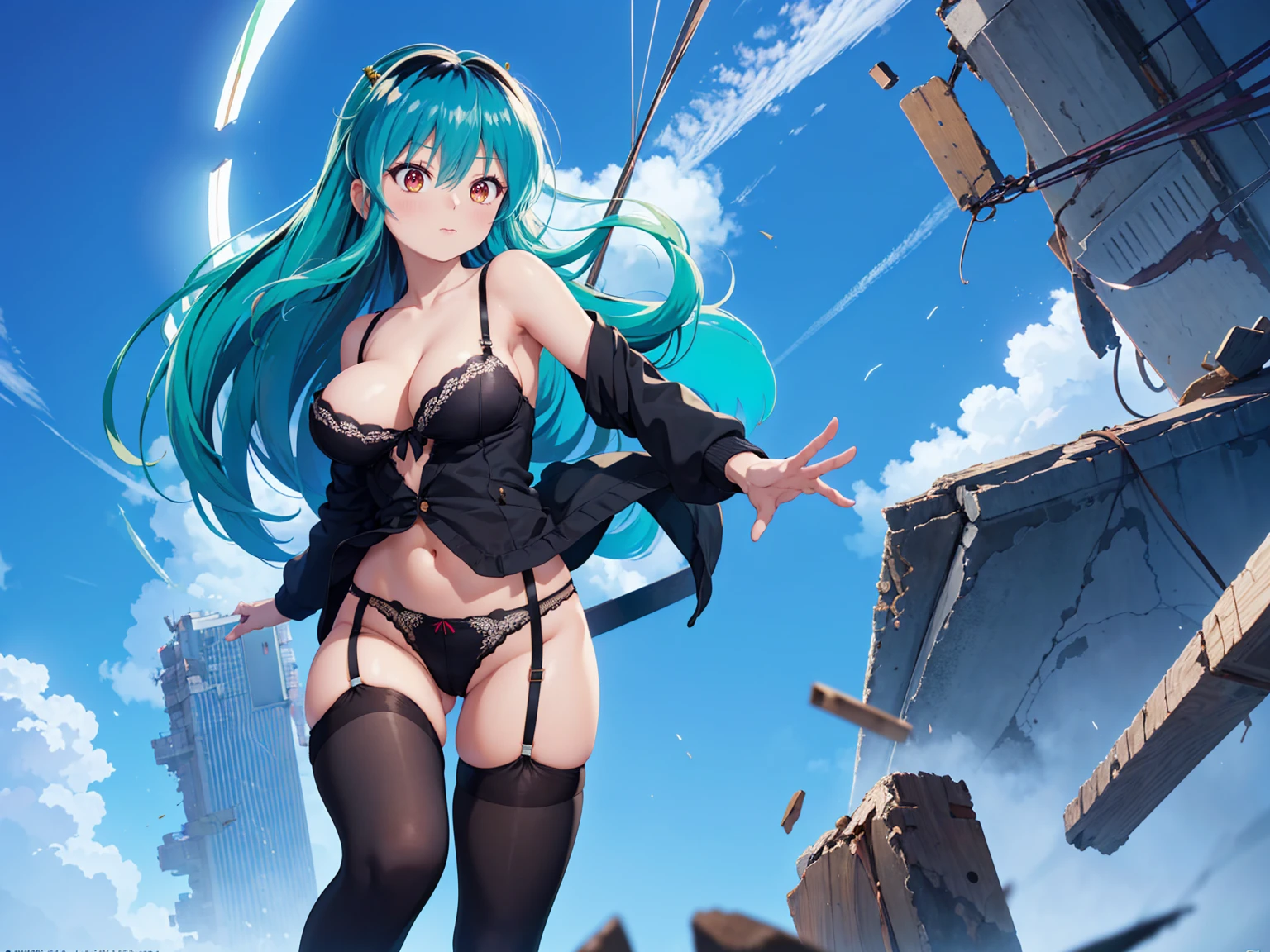 (1 Girl),(high quality), (High resolution), (Very detailed), (8k),(Demolition paperback correct)、Urusei Yatsura、Ram-chan、((Sexy Lingerie))、Wearing a blazer、((Focus on the whole body))、Nipple Shape、((Black knee-high stockings))、Hair messed up by the strong wind、Neutral White Lighting,Sexy pose、