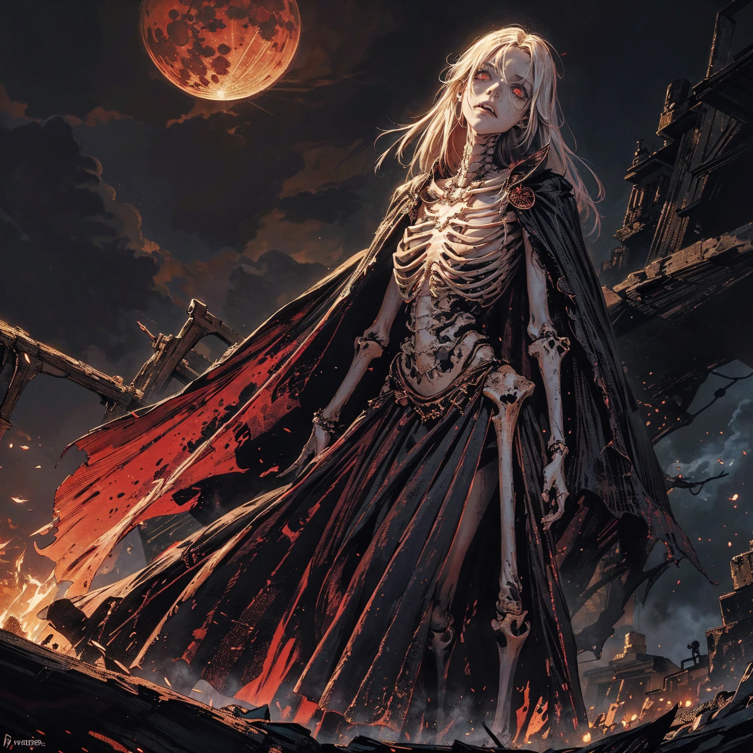 full-body shot, best quality, 4K, high resolution, masterpiece:1.2, Very detailed, actual:1.37, Mood lighting, An undead girl in a long cape, Torso and limb is skeleton bone but head is still beautiful human face, Wearing a ragged gothic skirt, Aloofness emotion, Dangerous sneer, Black Hair, Standing, Facing the camera, Crucified, Pitch black sky, Blood-red moon, strange atmosphere, Gothic style, Unforgettable beauty, Dramatic shadows, Ethereal Light, Mysterious atmosphere.