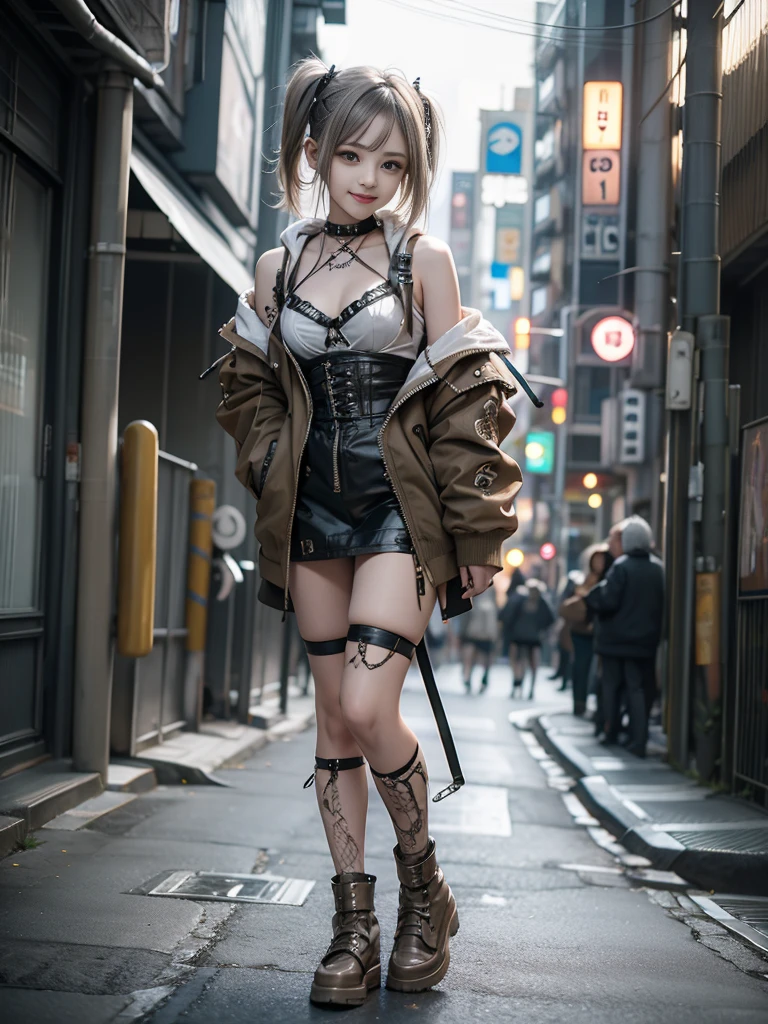 (Full Body View:1.2)、(Smiling with teeth showing:1.3),(Shibuya Gal:1.5)、(Beautiful gravure model:1.5)、(Neo-goth fashion:1.5)、(Punk RockVisual Kei:1.5)、(An off-the-shoulder hoodie in khaki and brown with delicate silver accessories.:1.5)、(A corset with a delicate beige and brown design:1.4)、(Khaki and brown snakeskin bodysuit:1.5)、(head band:1.3)、(Beige and charcoal knee socks:1.4)、Embellished collar and long boots、(I'm selling snake print underwear.:1.4)、(Long eyelashes:1.3)、(30 years old)、((Highest quality、8k、masterpiece:1.3))、1 Female、Slim and beautiful abs:1.3、(hairstyle casual、Beautiful boobs:1.1)、(Doing an aerobics pose:1.3)、dress:1.1、Super small face、Narrow eyes、double eyelid、A sloppy smile、Esbian all over body、Dynamic Angle、Close-up、CPL Filter、Blurred Background、Bokeh、Blue Hour、Detailed face and skin texture、Detailed eyes、,(Twin tails:1.3)、(Black brown hair:1.3)、Gravure idol、(The background is a glamorous dance hall:1.3)、(Make your legs thinner:1.4)、(Slim Body:1.3)、(clavicle:1.1)