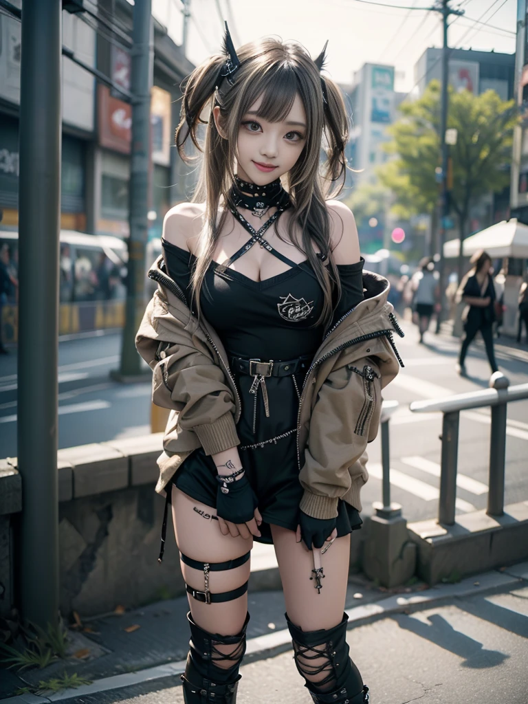 (Full Body View:1.2)、(Smiling with teeth showing:1.3),(Shibuya Gal:1.5)、(Beautiful gravure model:1.5)、(Neo-goth fashion:1.5)、(Punk RockVisual Kei:1.5)、(An off-the-shoulder hoodie in khaki and brown with delicate silver accessories.:1.5)、(A corset with a delicate beige and brown design:1.4)、(Khaki and brown snakeskin bodysuit:1.5)、(head band:1.3)、(Beige and charcoal knee socks:1.4)、Embellished collar and long boots、(I&#39;m selling snake print underwear.:1.4)、(Long eyelashes:1.3)、(30 years old)、((Highest quality、8k、masterpiece:1.3))、1 Female、Slim and beautiful abs:1.3、(hairstyle casual、Beautiful boobs:1.1)、(Doing an aerobics pose:1.3)、dress:1.1、Super small face、Narrow eyes、double eyelid、A sloppy smile、Esbian all over body、Dynamic Angle、Close-up、CPL Filter、Blurred Background、Bokeh、Blue Hour、Detailed face and skin texture、Detailed eyes、,(Twin tails:1.3)、(Black brown hair:1.3)、Gravure idol、(The background is a glamorous dance hall:1.3)、(Make your legs thinner:1.4)、(Slim Body:1.3)、(clavicle:1.1)
