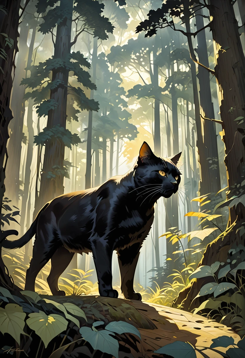 A majestic black cat walks through a dense forest with golden eyes. Executed in the iconic style of Aaron Douglas, this cat radiates strength and grace,(realistic:1.3)
