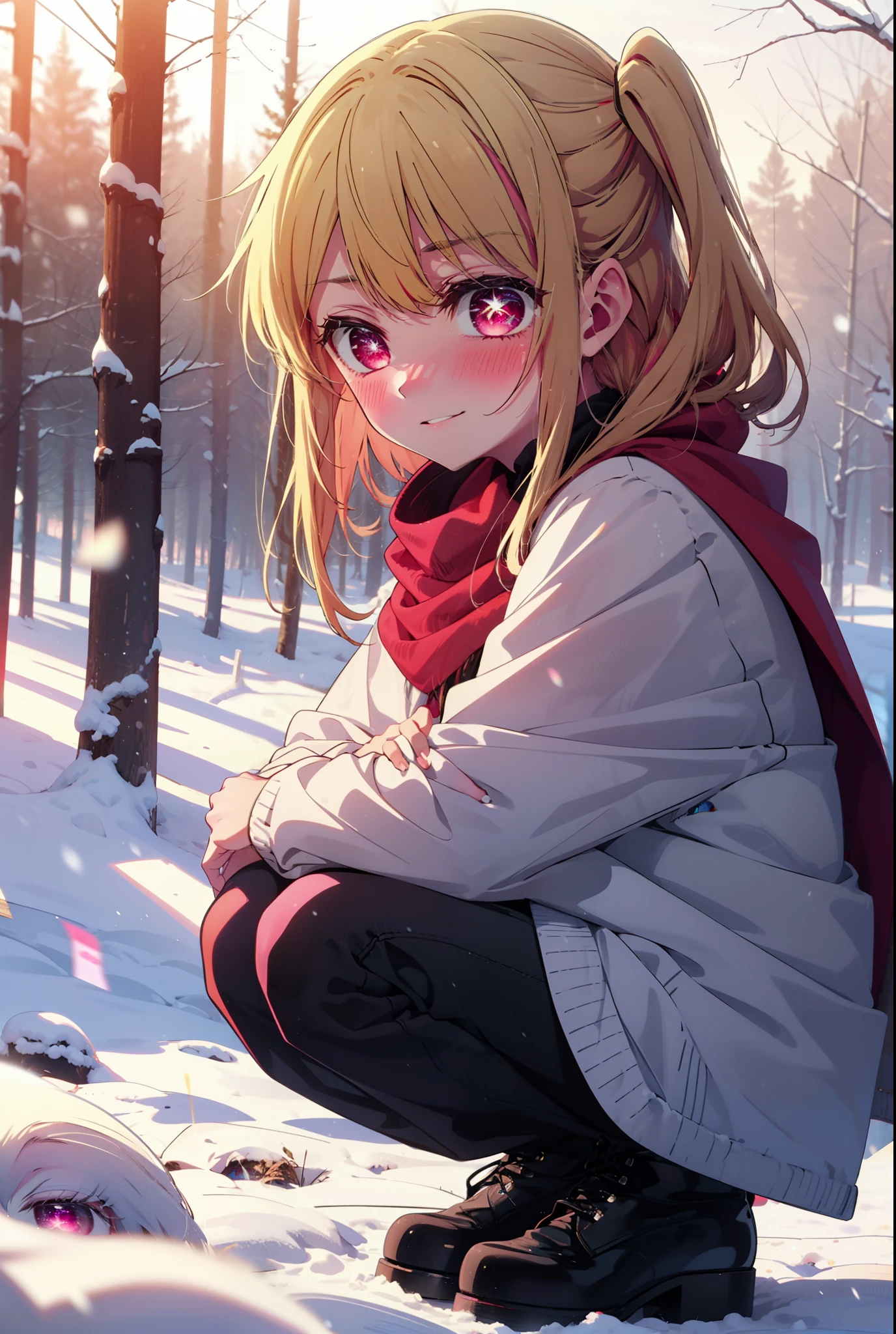 rubyhoshino, Hoshino Ruby, Long Hair, bangs, blonde, (Pink Eyes:1.3), Side Lock, (Symbol-shaped pupil:1.5), Multicolored Hair, Two-tone hair, smile,,smile,blush,white breath,
Open your mouth,snow,Ground bonfire, Outdoor, boots, snowing, From the side, wood, suitcase, Cape, Blurred, , forest, White handbag, nature,  Squat, Mouth closed, Cape, winter, Written boundary depth, Black shoes, red Cape break looking at viewer, Upper Body, whole body, break Outdoor, forest, nature, break (masterpiece:1.2), Highest quality, High resolution, unity 8k wallpaper, (shape:0.8), (Beautiful and beautiful eyes:1.6), Highly detailed face, Perfect lighting, Highly detailed CG, (Perfect hands, Perfect Anatomy),
