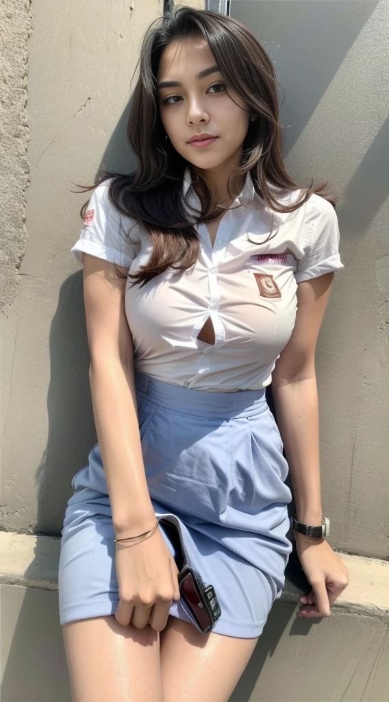 Girl lying on bed、Japanese、15 years old、smile、Short black hair、brown eyes、perfect body shape、Transparency、luster、luster、big breasts、thin waist、Uniform in disarray、navy blue tie、plaid skirt、white shirt、white underwear、torn skirt、Pull up the skirt with your hands、white bra、(Cleavage coordination)
