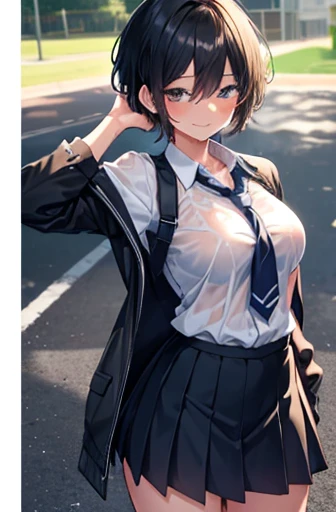 ,high school girl,Very Short Hair,boyish,Black Hair,Schoolyard,high school,sun,Cowboy Shot,Summer uniform,mini skirt,Close ~ eyes,smile,Large Breasts,Sweaty,Wet,bodyhot,