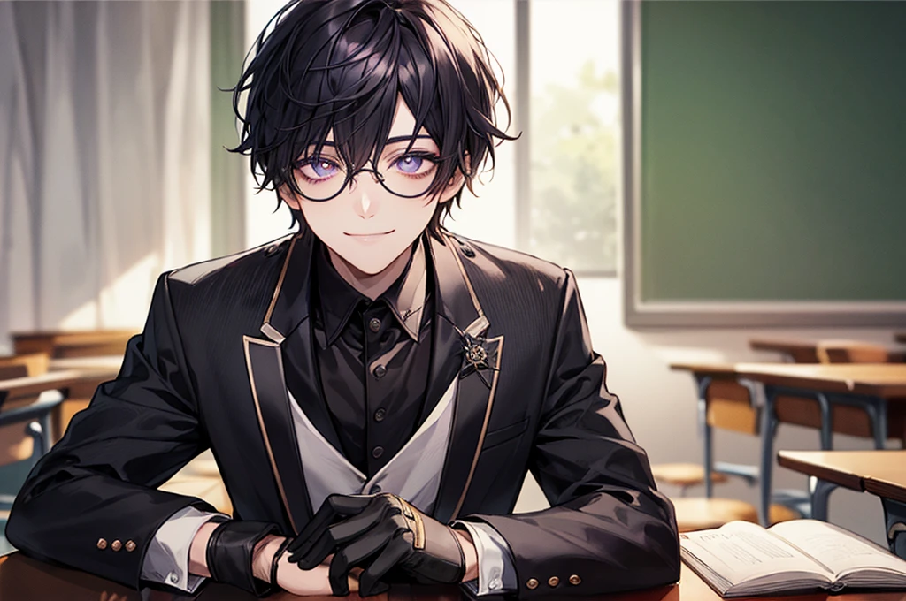 men's,short detailed hair,black colored hair,(Eye 1:2,Clear eyes,Elaborate Eyes,Delicate pupils,Good eyes,eye detailed),Face Focus,Adult,In black suit,best qualtiy,facial detailing,Classroom,sit on desk,sitting in the couch,lazy,Detailed background,diffuse sunlight,depth of fields,Studying Smiling at your desk, violet eyes,black gloves, round glasses, long sleeves,violet hair, smile,