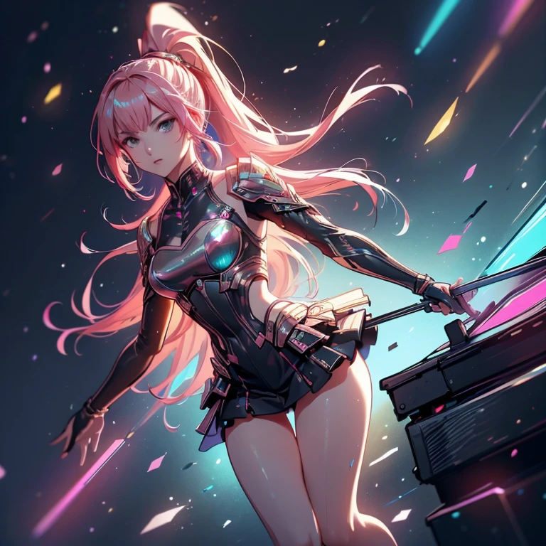 (artwork, highest quality, highest resolution, distinct_image, detailed details): (8K, 4K, best quality, High resolution: 1.2), artwork, Ultra-detailed, hyper details, cinematic Light, alone, woman, pink hair, high ponytail hair, tight metallic clothes, short skirt, heroine pose, perfect body, slim waist, full body, looking at the viewer, detailed_background, full_body, dynamic_angle
