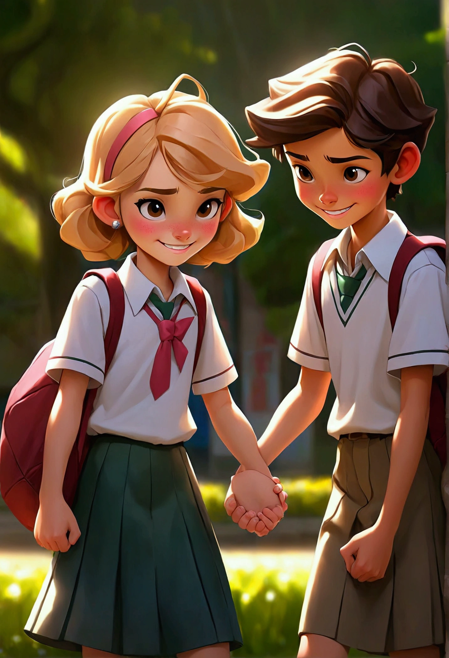 Smiling junior high school students holding hands