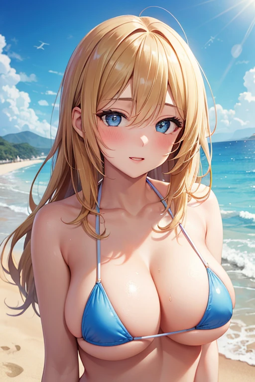 One Woman, Highest quality, masterpiece, Super Resolution, Large , Micro Bikini, Idol, Beauty, Underboob, Sideboob, Beach, from the front, Cleavagigh resolution eyes, High-resolution contours, Mature Woman, M Woman, Adult charm, 大人のsex appeal, Forehead visible, Stylish, Sexy expression, Moth High-resolution pupils, blush, Droopy eyes, High resolution face, Blonde, deck, sexy, High resolution brts, Ultra HD, Open you, model, Emphasize the chest, Upper Body, sex appeal, High resolution mouth,ndy Beach, Ocean, 