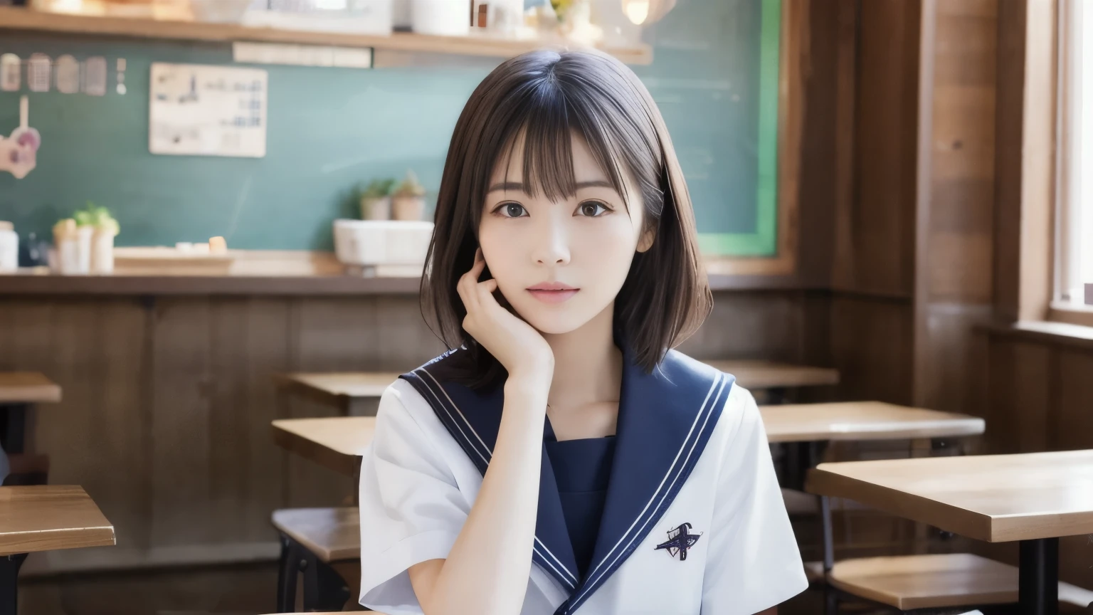 One Girl, (Highest quality:1.4), (Very detailed), (Very detailed美しい顔), Refreshing Japanese Sailor Summer Uniform, Great face and eyes, iris,Medium Hair, Black Hair, (Sailor suit, school uniform:1.2), (Cafe Terrace), Smooth, Very detailed CG 統合 8k 壁紙, High-resolution RAW color photos, Professional photography, Light, BackLight, dream-like, impressive, Written boundary depth, Photographed inside the cafe