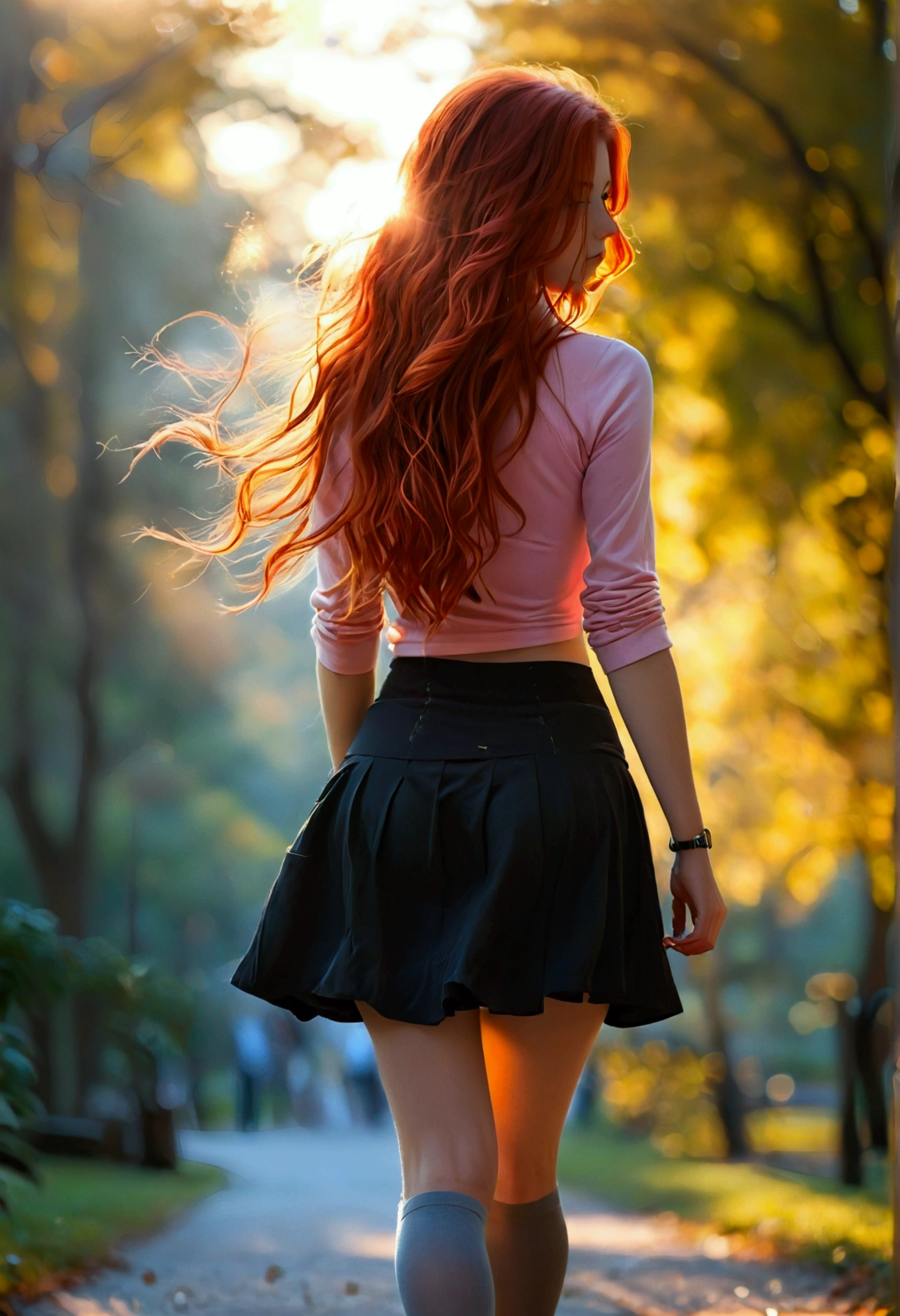 ultra realistic, photography, long red hair, girl, 24 years old, hourglass figure, perfect body, medium natural breasts, walking towards the camera, Flirty look, extremely detailed artgerm, in the style artgerm, lens 35 mm, blur background, walking through the park at dawn to the camera, walking towards me, walking to me, wearing a pink top, a black short skirt, thigh socks and sneakers,