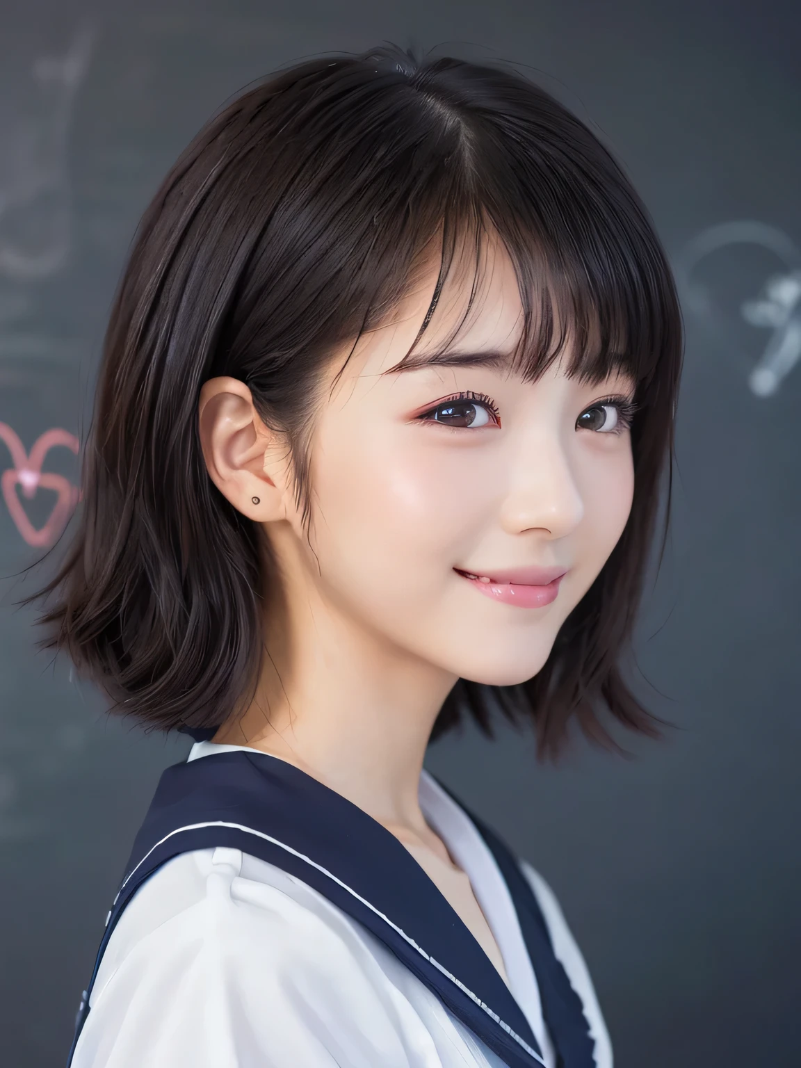 Beautiful girl drawing on a blackboard, , (Highest quality:1.4), (Very detailed), (Very detailed美しい顔), (Heart doodle on a blackboard:1.4), japanese sailor suit, Great face and eyes, iris, Bob Hair, Black Hair, (Skinny body type:1.3), (Sailor suit, school uniform:1.2), Short sleeve, (Close-up of face:1.5), (Turn around and smile), (From the side:1.5), classroom, Smooth, Very detailed CG synthesis 8k wallpaper, High-resolution RAW color photos, Professional photography, Light, BackLight, dream-like, impressive, Written boundary depth