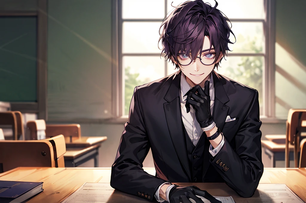 men's,short detailed hair,black colored hair,(Eye 1:2,Clear eyes,Elaborate Eyes,Delicate pupils,Good eyes,eye detailed),Face Focus,Adult,In black suit,best qualtiy,facial detailing,Classroom,sit on desk,sitting in the couch,lazy,Detailed background,diffuse sunlight,depth of fields,Studying Smiling at your desk, violet eyes,black gloves, round glasses, long sleeves,violet hair, smile,