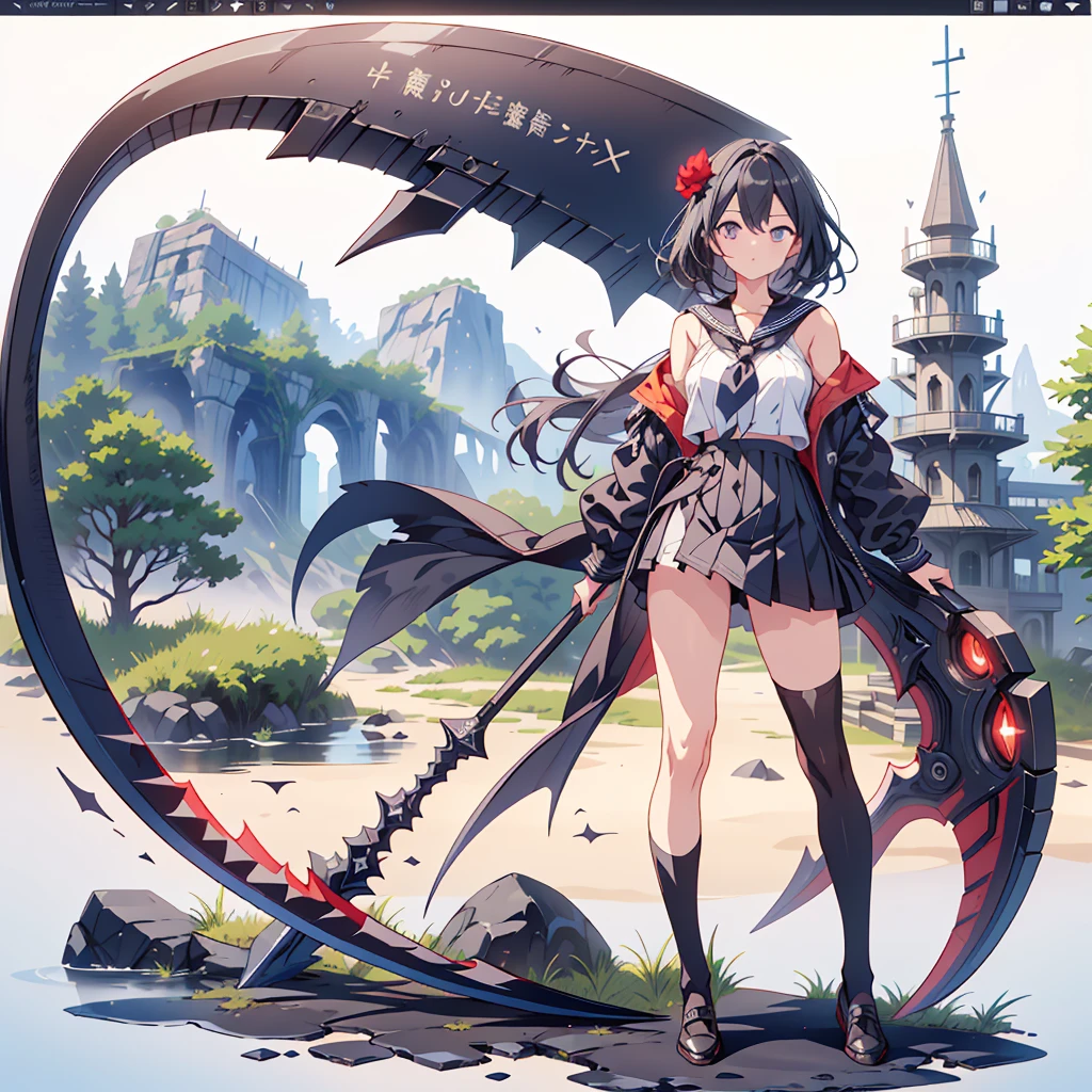 (masterpiece, Highest quality), (Perfect athletic body:1.2), (Fine hair), Very detailed, Anime Style, whole body, alone, Vampire Hunter, Black Sailor Suit, Big Grim Reaper Scythe, Black Hair, high boots, Standing in the Wilderness,Navy blue knee socks,Black loafers、 8K high resolution, White Background, whole body,