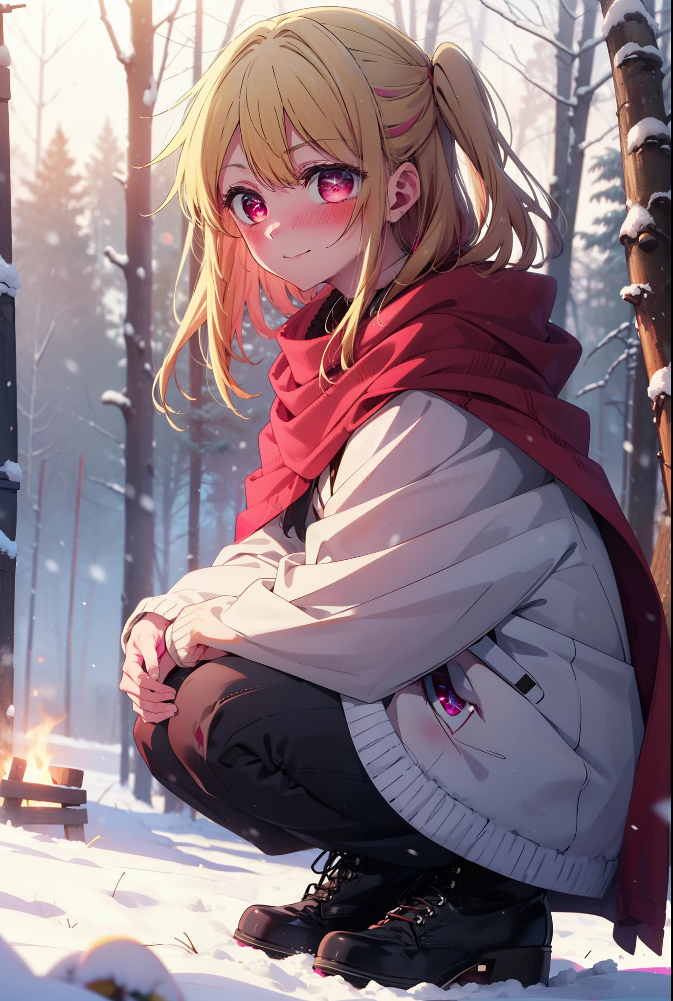 rubyhoshino, Hoshino Ruby, Long Hair, bangs, blonde, (Pink Eyes:1.3), Side Lock, (Symbol-shaped pupil:1.5), Multicolored Hair, Two-tone hair, smile,,smile,blush,white breath,
Open your mouth,snow,Ground bonfire, Outdoor, boots, snowing, From the side, wood, suitcase, Cape, Blurred, , forest, White handbag, nature,  Squat, Mouth closed, Cape, winter, Written boundary depth, Black shoes, red Cape break looking at viewer, Upper Body, whole body, break Outdoor, forest, nature, break (masterpiece:1.2), Highest quality, High resolution, unity 8k wallpaper, (shape:0.8), (Beautiful and beautiful eyes:1.6), Highly detailed face, Perfect lighting, Highly detailed CG, (Perfect hands, Perfect Anatomy),