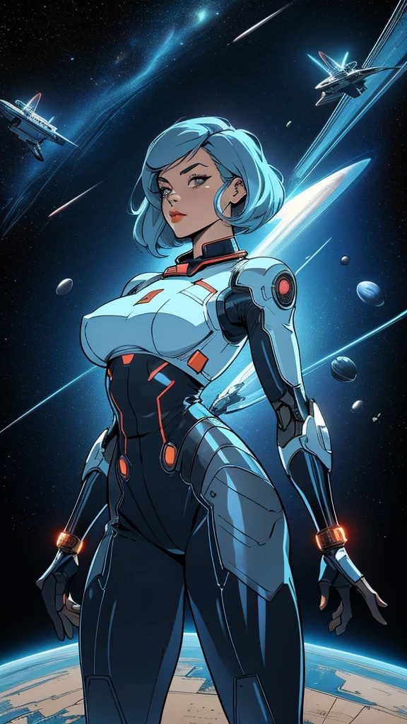 ((masterpiece, Highest quality)), 32K Wallpapers, Very detailed, posters, Vintage science fiction, 1960s,(((space thriller cinematic movie posters))), (Bauhaus), shape,Abstract, Midcentury Modern, movie posters, Vintage, A woman fused with a robot,アニメ,1970s,Halftone,Speech bubble,Milky Way,(superhero),((portfolio,close)),Cyborg of the Future,Combination of machine and woman,Space,Cyborg Lady,Big Breasts,Erect nipples,