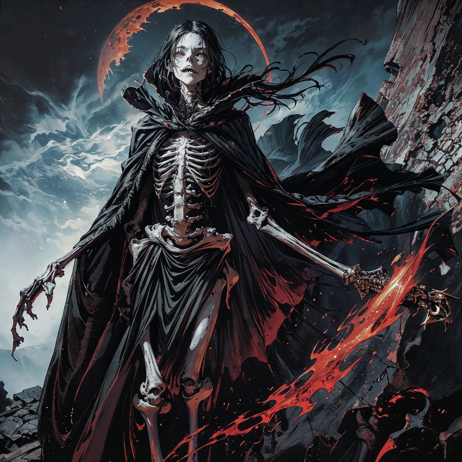 full-body shot, best quality, 4K, high resolution, masterpiece, Very detailed, Mood lighting, An undead girl in a long cape, Whole body including hands & arms & legs & feet are all skeleton bones but except the head is still beautiful human face, Wearing a ragged gothic skirt, Aloofness emotion, Dangerous sneer, Beautiful but cruel smile, Black Hair, Standing, Facing the camera, Crucified, Pitch black sky, Blood-red moon, strange atmosphere, Gothic style, Unforgettable beauty, Dramatic shadows, Ethereal Light, Mysterious atmosphere.
