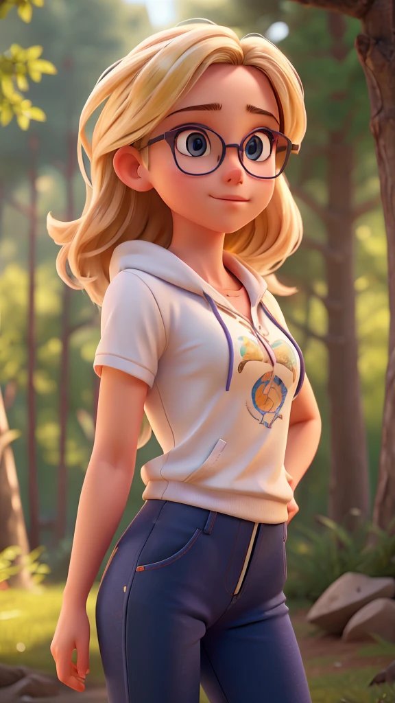 A beautiful young blonde girl with glasses, wearing sporty clothes, lean and fit body, outdoor nature scene, soft lighting, vibrant colors, detailed portrait, 8k, high resolution, photorealistic, masterpiece, cinematic, dramatic lighting, warm tones, intricate details, elegant pose