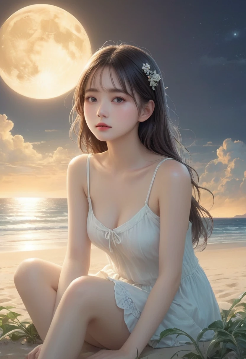 (A masterpiece of the highest quality:1.2)、Very detailed illustrations，Perfectly shows the girl in the doomsday beach scenery。In the silence of the night、There is an atmosphere that is both sad and hopeful.。 That girl sits on the soft vegetation of the sandy beach、A figure appeared in the cloudy sky。That girl&#39;Unspecified clothing.、Her figure、it&#39;Such exquisite rendering，Make every crease and texture clearly visible.。Her hair flutters in the wind、Low light image of fair skinned legs with lotion applied in HDR landscape
