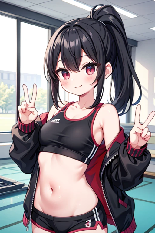 girl、Small breasts、Black Hair、Iris、ponytail、Red sports bra、belly button、Black shorts、Wear a black jacket、smile、peace sign、Gym Room