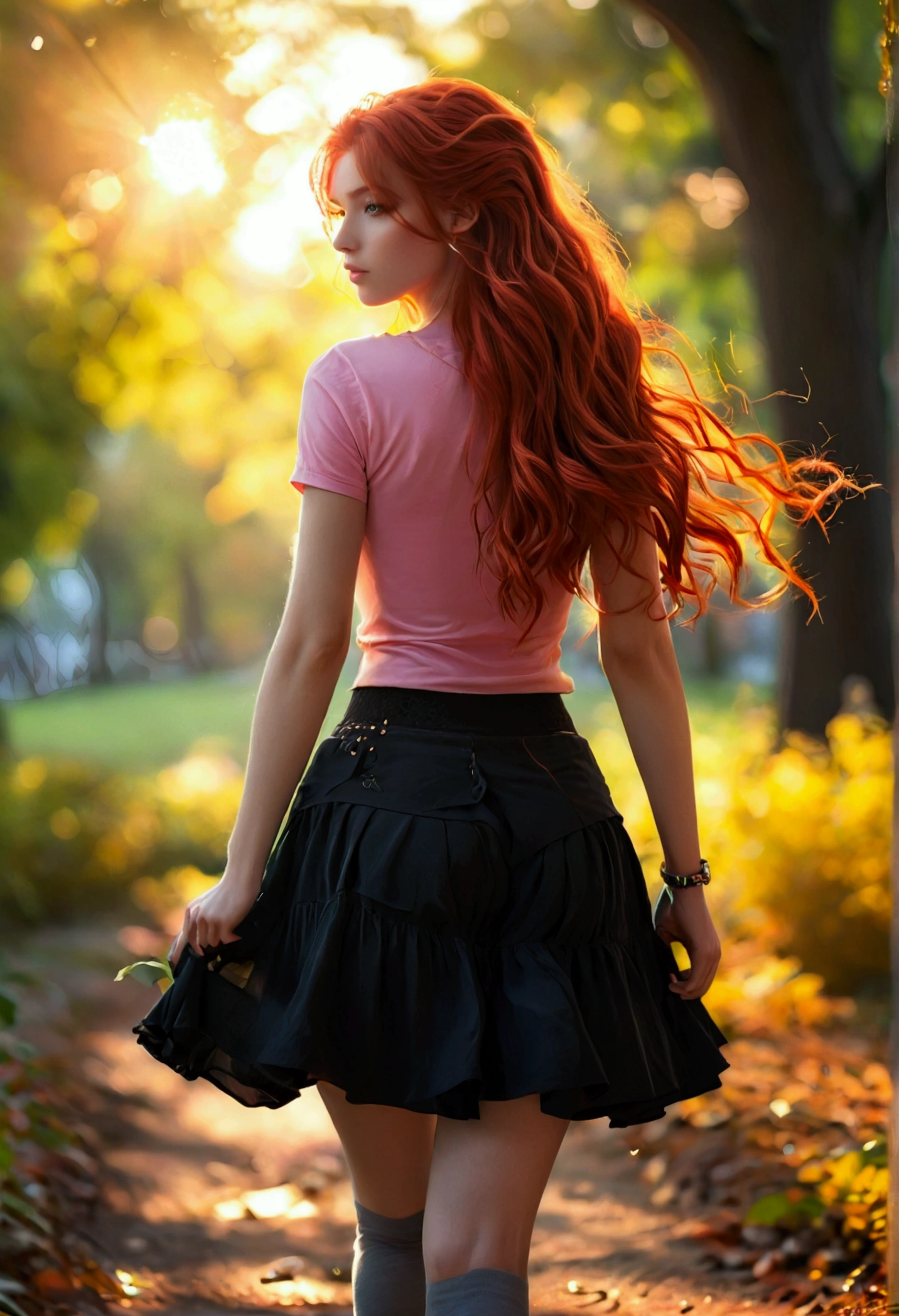ultra realistic, photography, long red hair, girl, 24 years old, hourglass figure, perfect body, medium natural breasts, Flirty look, extremely detailed artgerm, in the style artgerm, lens 35 mm, blur background, walking, in the park at dawn, walking towards me, walking to me, wearing a pink top, a black short skirt, thigh socks and sneakers,