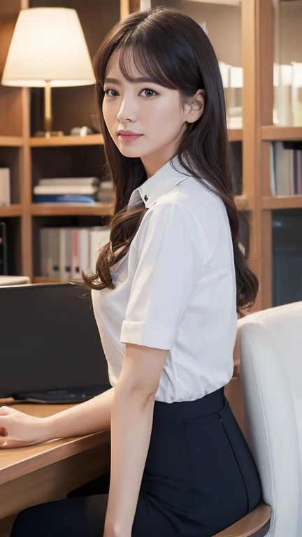 ((Highest quality、8k、masterpiece:1.3))、office、President&#39;s office、secretary、Young Japanese woman、(Anatomically correct body)、（Perfect Body Beauty:1.2）、Highly detailed beautiful face、Beautiful skin texture、(Cute smile)、Beautiful Eyes、double eyelid、(Large Breasts)、Beautiful long legs、(Looking into the camera),((Business suit)),(White blouse)、(tight fitting pants),High heels、(Sexy Underwear)、