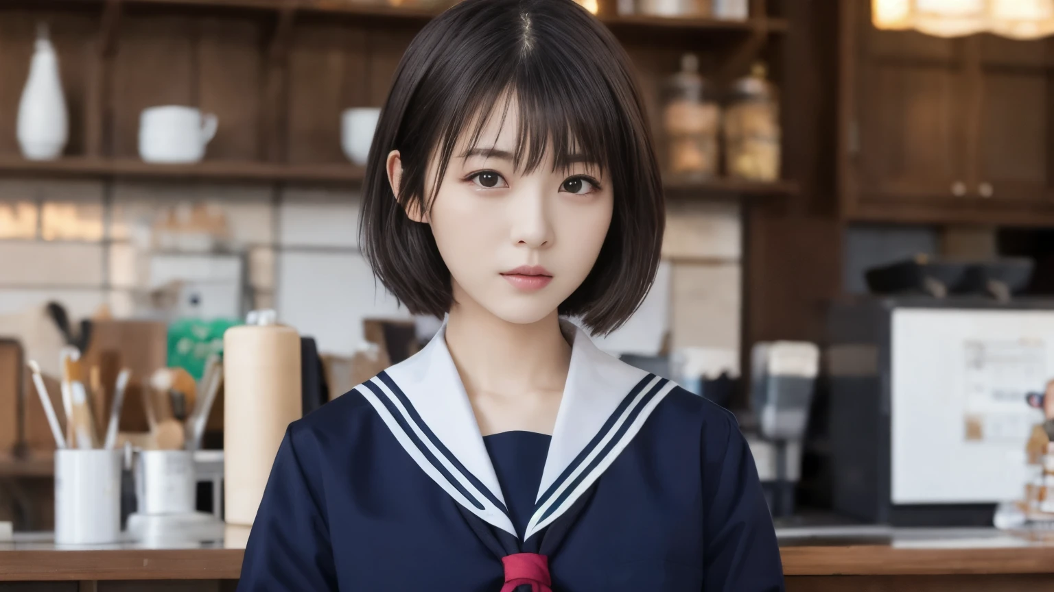 One Girl, (Highest quality:1.4), (Very detailed), (Very detailed美しい顔), 日本のSailor suit, Great face and eyes, iris,Medium Hair, Black Hair, (Sailor suit, school uniform:1.2), (Inside the cafe), Smooth, Very detailed CG 統合 8k 壁紙, High-resolution RAW color photos, Professional photography, Light, BackLight, dream-like, impressive, Written boundary depth, Inside the cafeで撮影