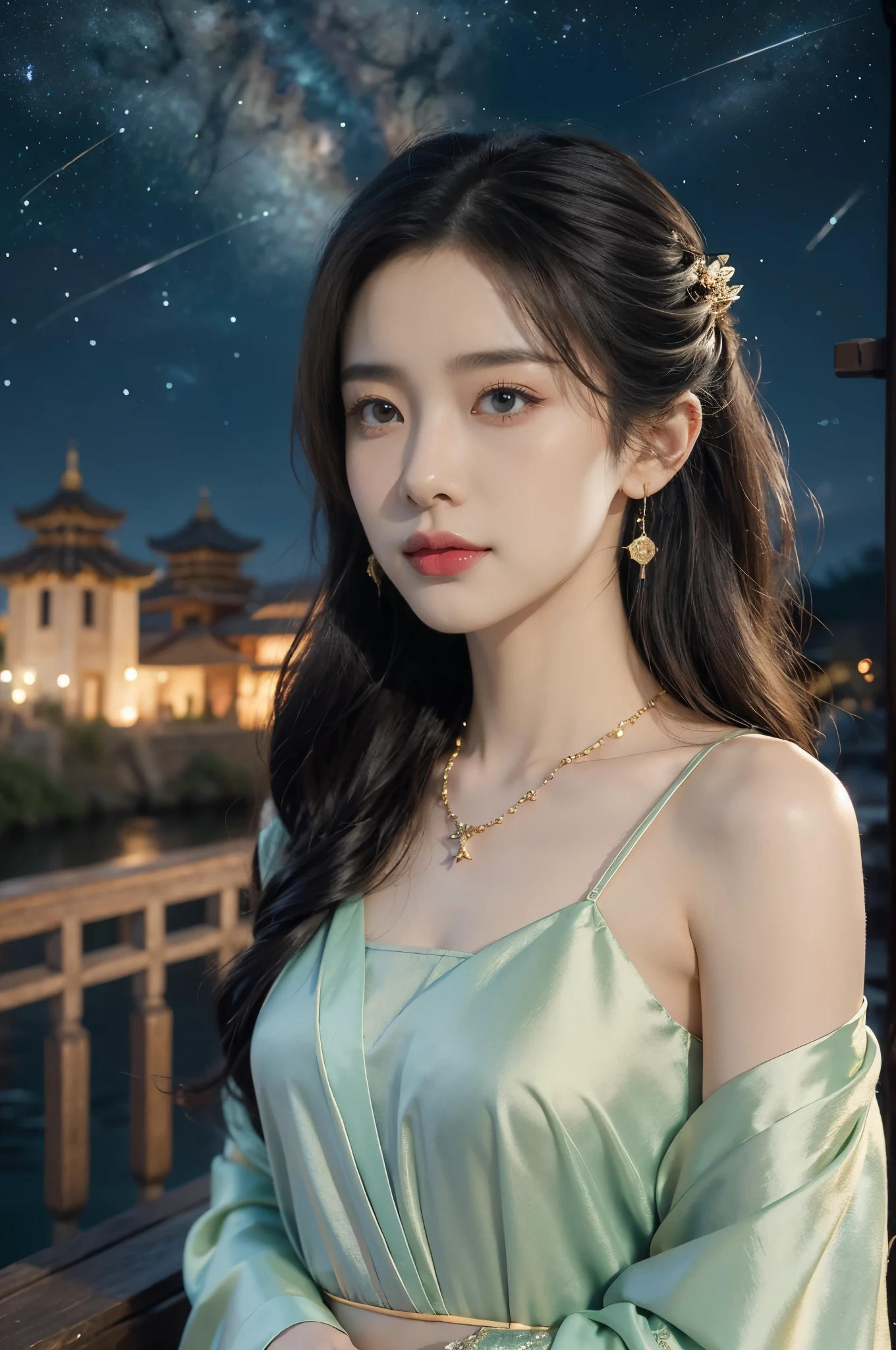 (((best quality))),(((ultra detailed))),(((masterpiece))),illustration,((1 beautiful girl,solo)),(shoulder length straight hair:1.2),((earrings,necklace)),((slim,thin)),((small breasts,flat chest)),(gorgeous red sheer Hanfu:1.3),(standing:1.3),(on the stone arch bridge:1.3),((starry sky,the Milky Way)),elegance, grace, sophisticated updo, delicate hairpins, twinkling stars, radiant smile, bright eyes, wonder, beauty of the night sky, intricate patterns, flowers, birds, vibrant colors, ethereal, enchanting, old bridge, weathered, sturdy, natural surroundings, serene, peaceful atmosphere, rippling water, stars, graceful silhouette, magic, tranquility, twinkling stars, mesmerizing canopy of light, cool air, crisp, faint scent of blooming flowers, contemplation, admiration, ancient China, timeless, rich culture, traditions, captivating, enchanting atmosphere, myth, legend,((from front,upper body))
