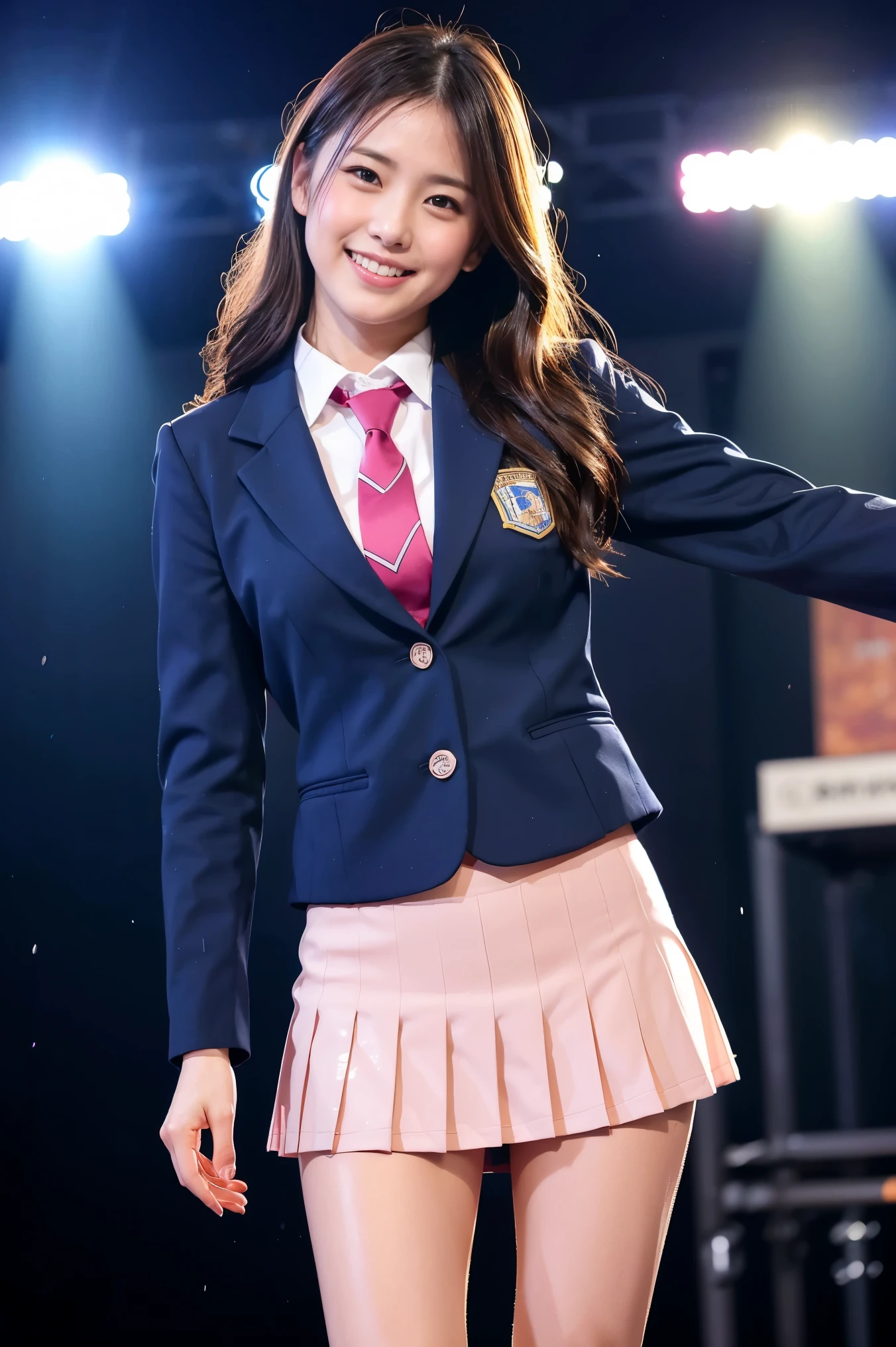 (8k), (highest quality: 1.2), (Realistic), (Realistic: 1.37), Ultra-high resolution, 1 girl, cute, (Embarrassed smile:1.2), (Blushing:1.4)Mouth closed, Beautiful details, Beautiful Nose, Wet Hair, giant dulcefo, pork, Thighs,Navel exposed,University Student Uniform,A simple blazer,Pleated skirt,Platform boots,Dancing on the school stage,(Shiny Thighs:1.2),Medium Shot,セクシーなストッキング