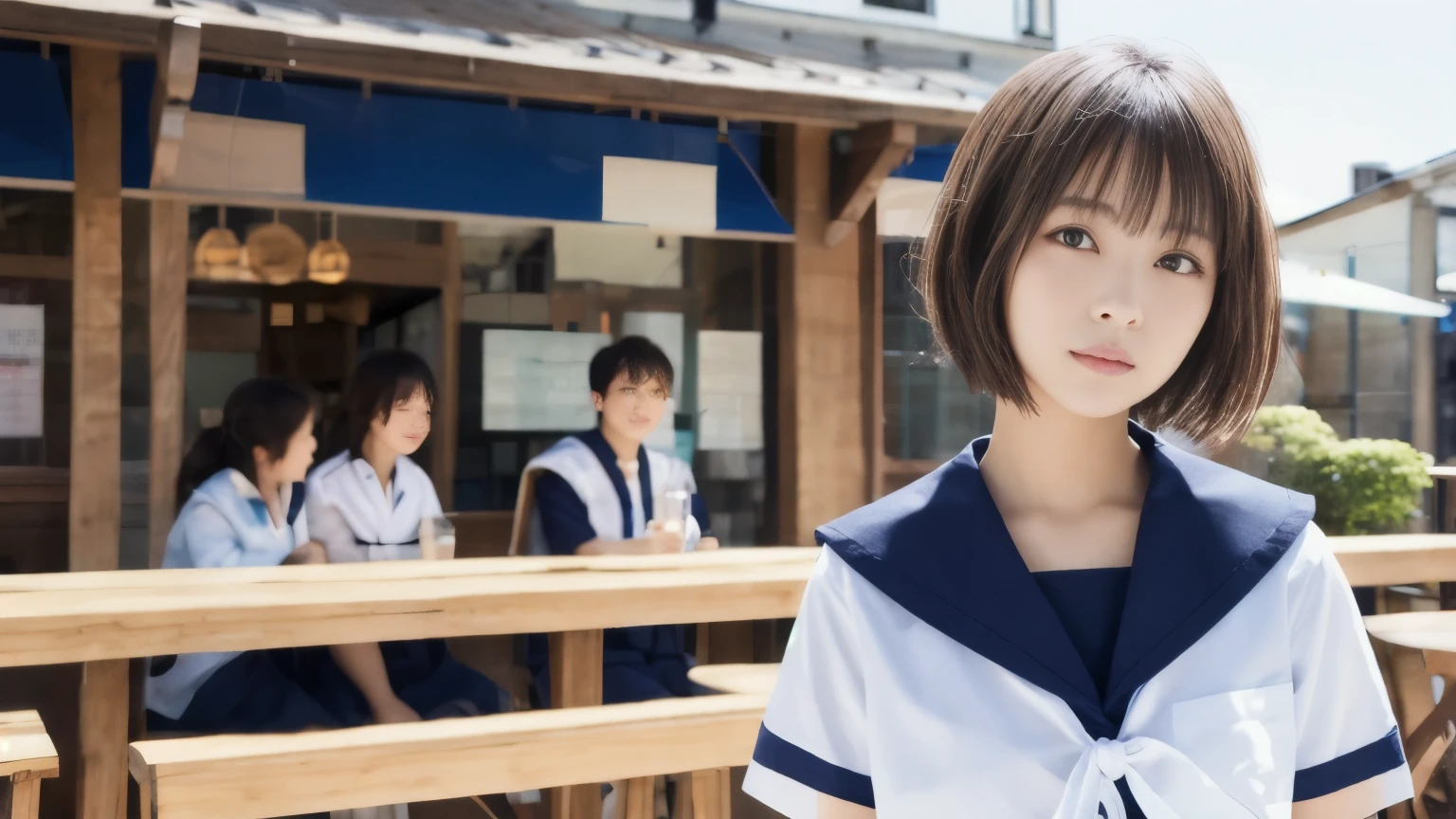 One Girl, (Highest quality:1.4), (Very detailed), (Very detailed美しい顔), 日本のセーラーSummer clothes, Great face and eyes, iris,Bailey Shorthair, Brown Hair, (Sailor suit, school uniform:1.2), (Cafe Terrace), Smooth, Very detailed CG 統合 8k 壁紙, High-resolution RAW color photos, Professional photography, Light, BackLight, dream-like, impressive, Written boundary depth, Photographed inside the cafe,Summer clothes,Hair blowing in the wind