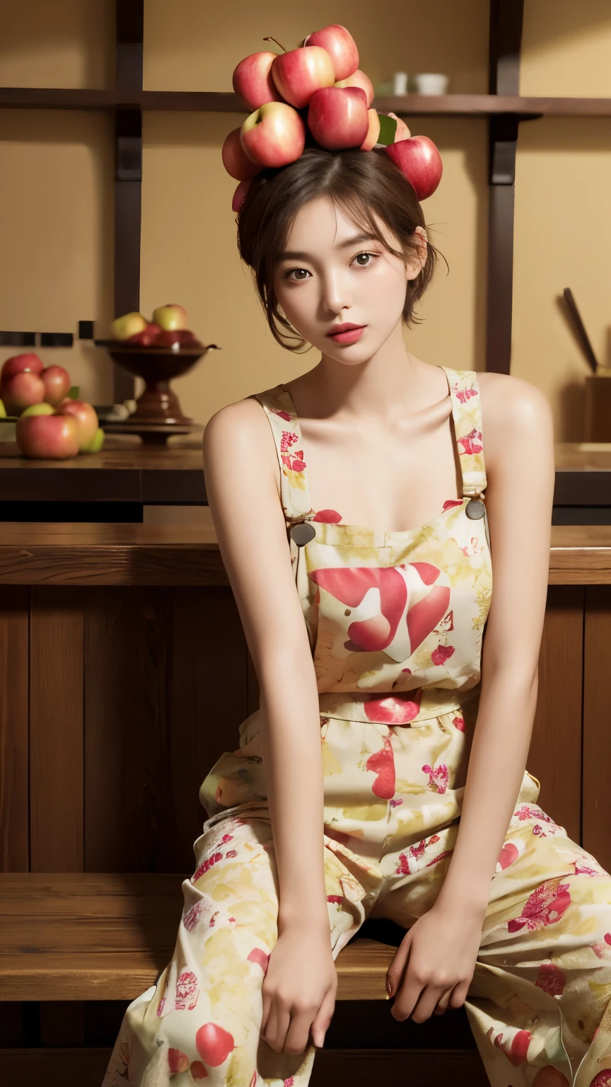(Real, Highest quality, High resolution :1.3), One girl with a perfect body, Very beautiful face and eyes, Korean Beauty, short hair, (He has a lot of apples on his head:1.2), Apples galore, honey, Apple print overalls, 