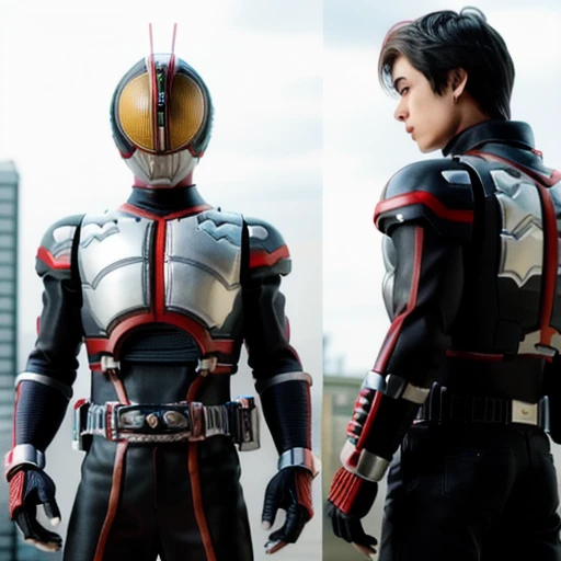 Kamen Rider suit, ager, cool handsome young man, handcuffed, looking regretful