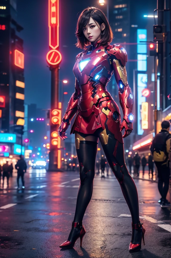 Beautiful Iron Man,Full body portrait,Wear a short skirt,Black pantyhose,Wearing high heels,Cyberpunk,Night,Hyperrealism,Neon Street,Ray Tracing,masterpiece,Light and Shadow,Fine drawing