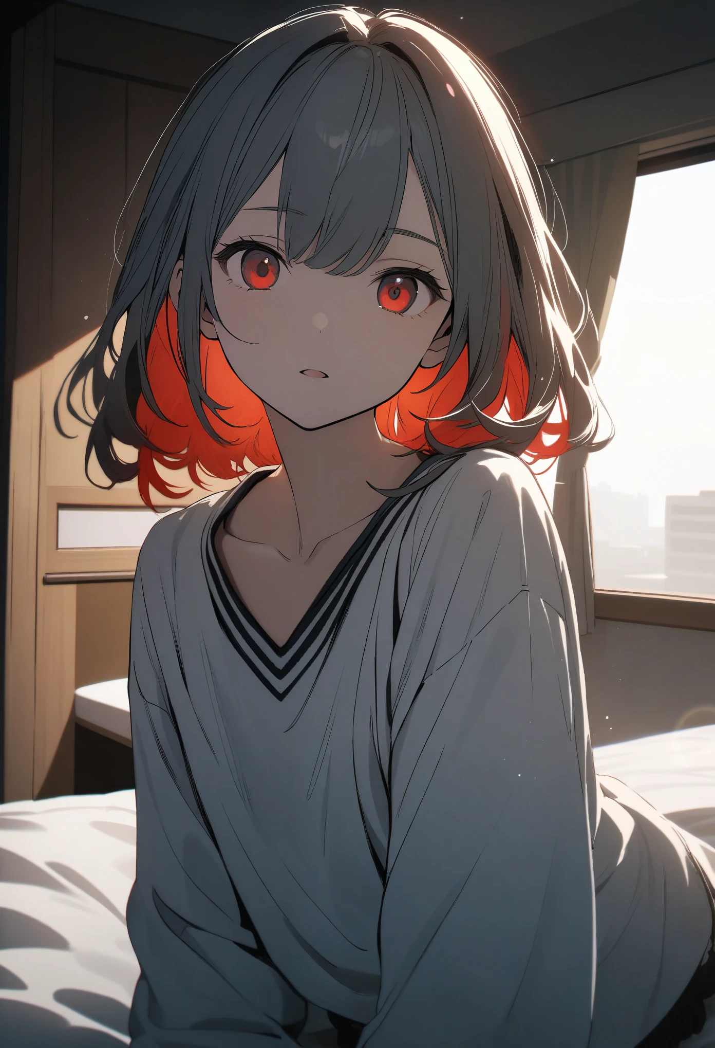 One -yeld gi (Sexy underwear)、(Red inner color hairstyle), Beautiful Hair, Facial Contour, Remember, ,Hotel,bed, splash, Lens flare, noon, bright, Natural Color, High resolution, Very delicate, Very detailed, 8k,Just a slight swelling of the chest、Shyness,,((Sexual))