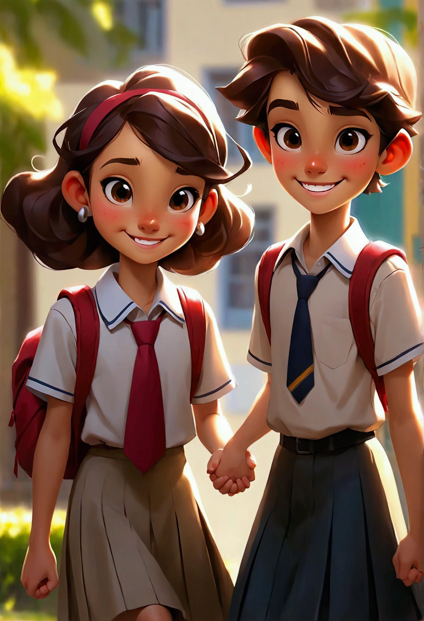 Smiling junior high school students holding hands